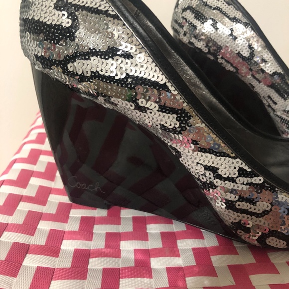 Coach Silver & Black Poppy Sequin Wedges 11 - Picture 3 of 5